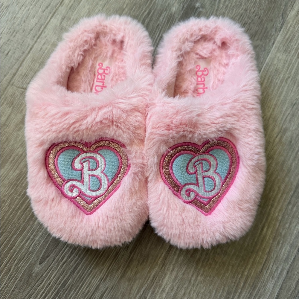 Barbie Pink Furry Heart Slippers - Kids Size 11/12